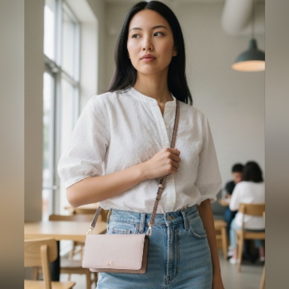 Michael Kors Handbags - Michael Kors Crossbody Purse Blush Pink Pebbled Leather Gold MK Logo Rare Posh